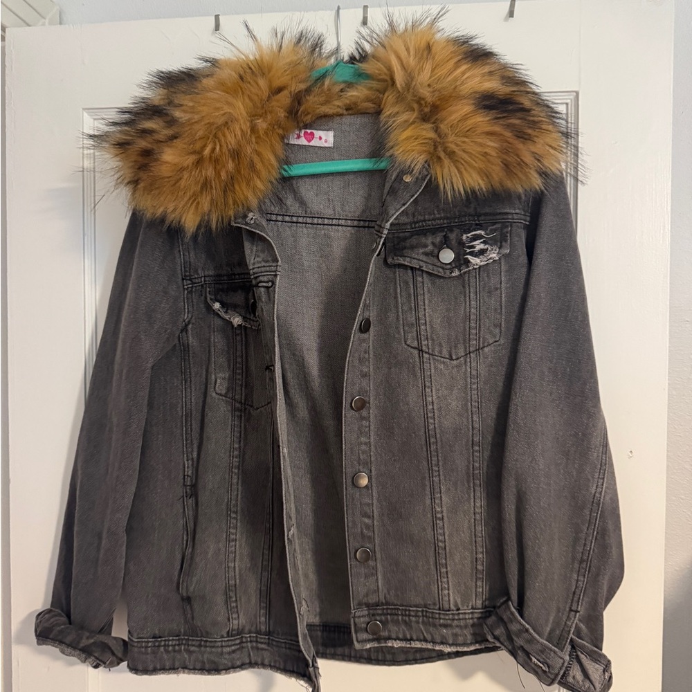 Buddy Love Gray Jean Jacket with Faux Fur Collar